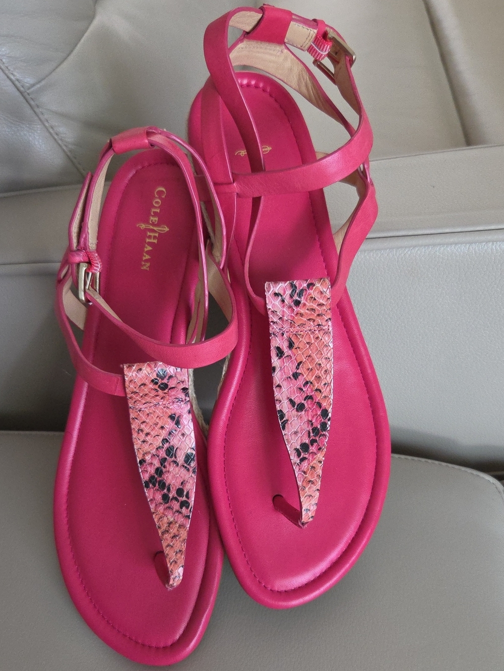 Cole Haan Grove Hot Pink T-Strap Sandals with Snake-Print Accent Size 10B